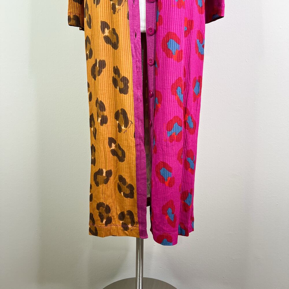 FARM Rio | Cheetah Leopard Print Contrast Pink Ribbed Duster Cardigan Sweater L - Picture 4 of 11